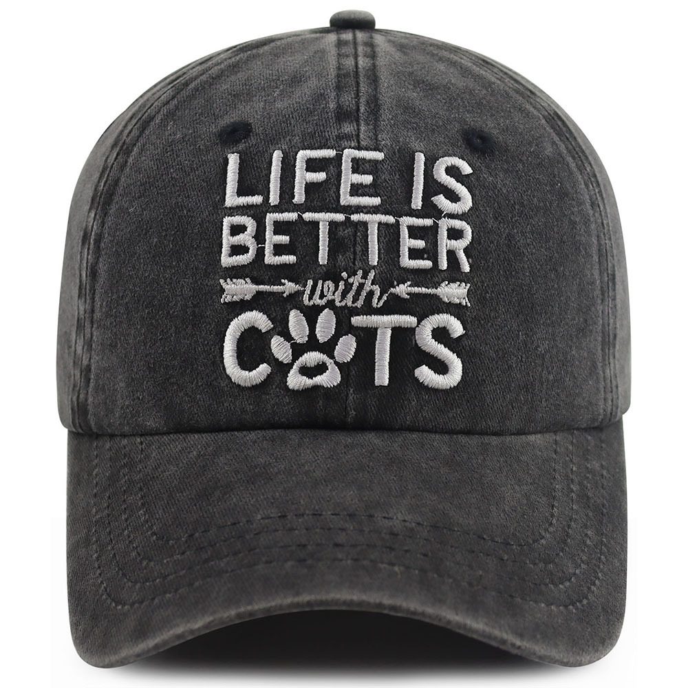2pcs Washed Distressed Baseball Cap, Life Is Better With Cats Embroidery Vintage Cotton Hat, Cute Cat Paw Print Casual Hat For Cat Lovers - Image 2