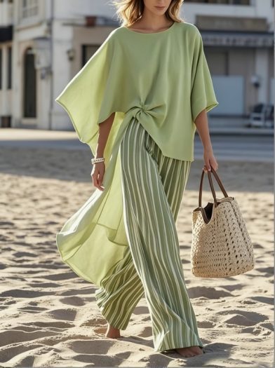 Two Piece Set Of Ribbon Top And Same Color Striped Wide Leg Pants