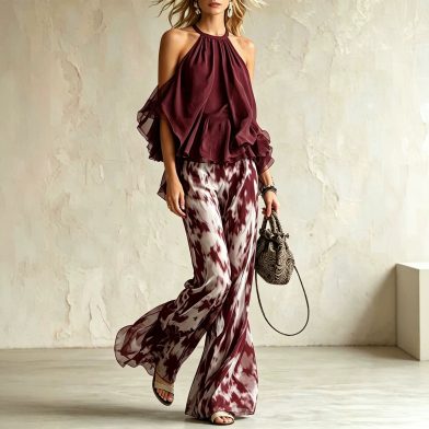 Sleeveless Halter-neck Top And Printed Wide-leg Pants Set