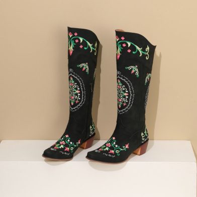 Chunky-Heel Retro Embroidered Side-Zip Colorblock Western Mid-Calf Boots Womens Boots