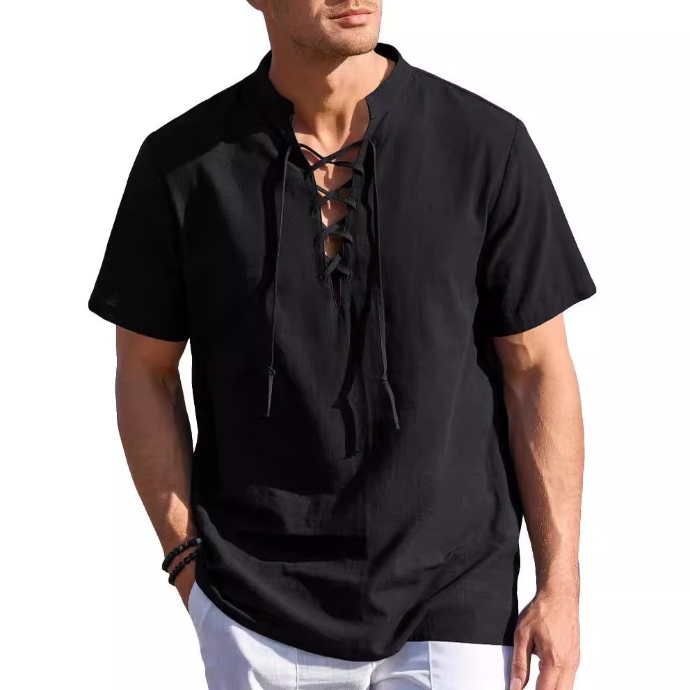 Mens Short-sleeve Casual Henley-neck Large-size Beach Shirt - Image 7