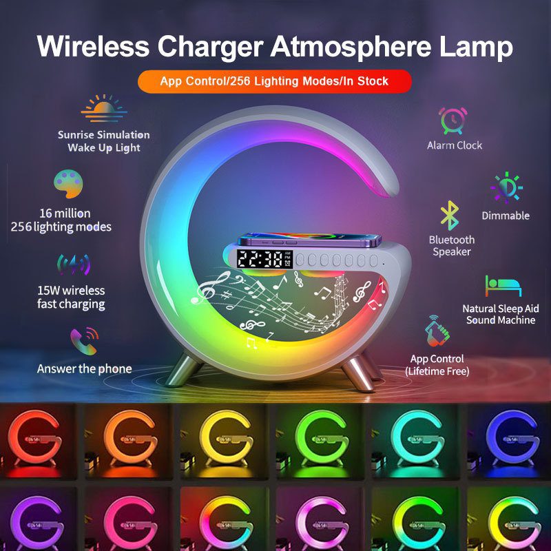 مصباح LED ذكي بتصميم G مع مكبر صوت بلوتوث وشاحن لاسلكي، مصباح أجواء بتحكم عبر التطبيق لغرفة النوم وديكور المنزل - الصورة 2