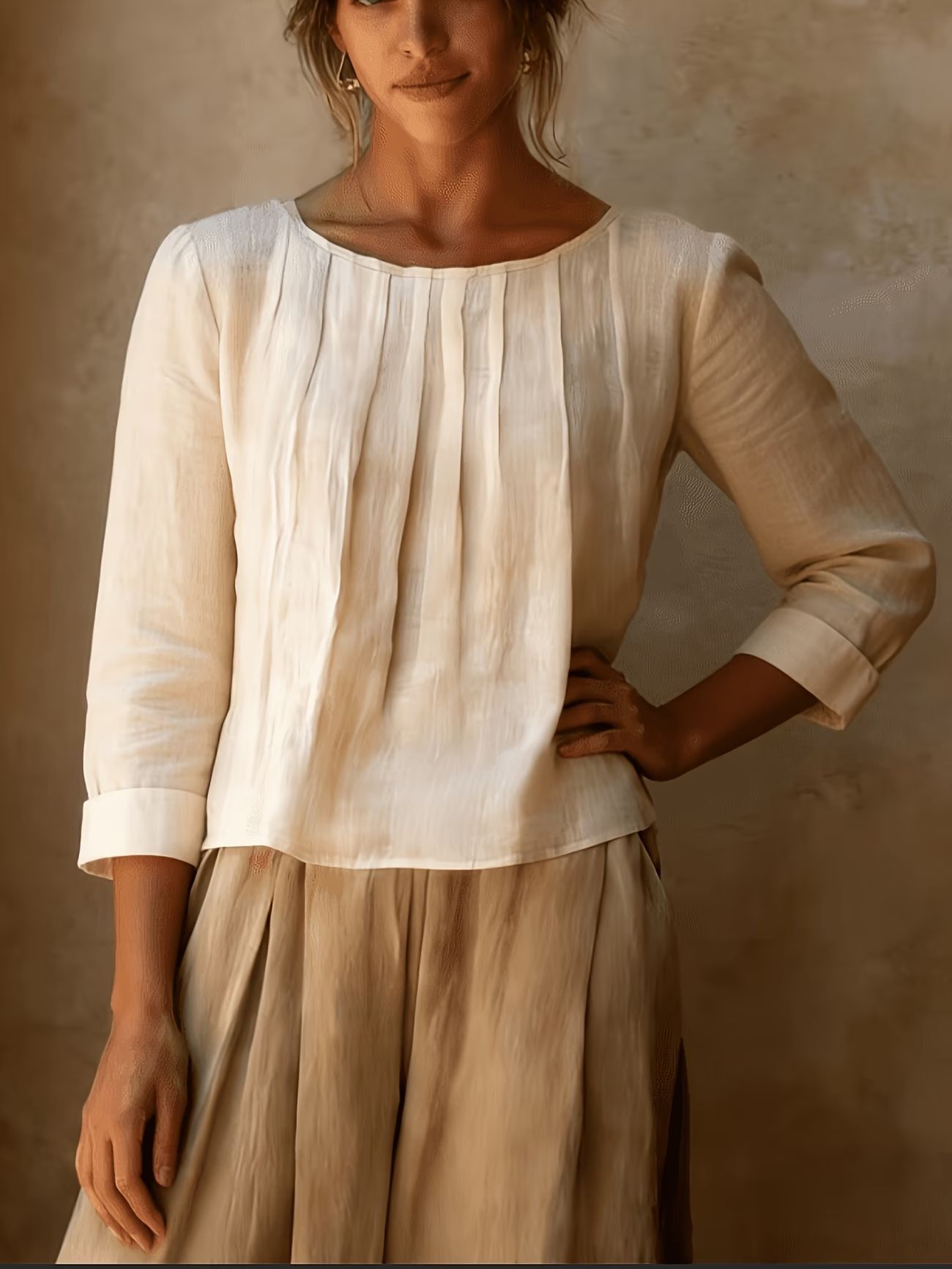 Womens Cotton-linen Top Loose-fit Round-neck Shirt - Image 6