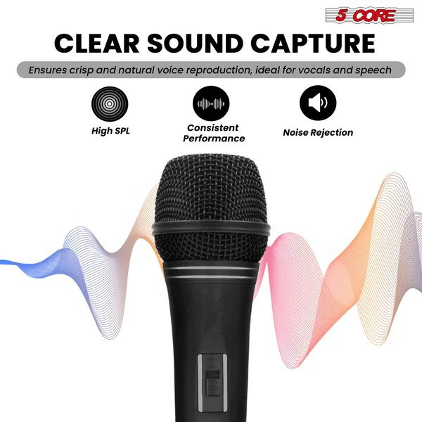 5 CORE Professional Dynamic Vocal Microphone Neodymium Cardioid Unidirectional Handheld Mic For Singing Karaoke Steel Mesh Grille Metal Body With ON Off Switch + 16ft Detachable Cable + Clip + Bag - Image 3
