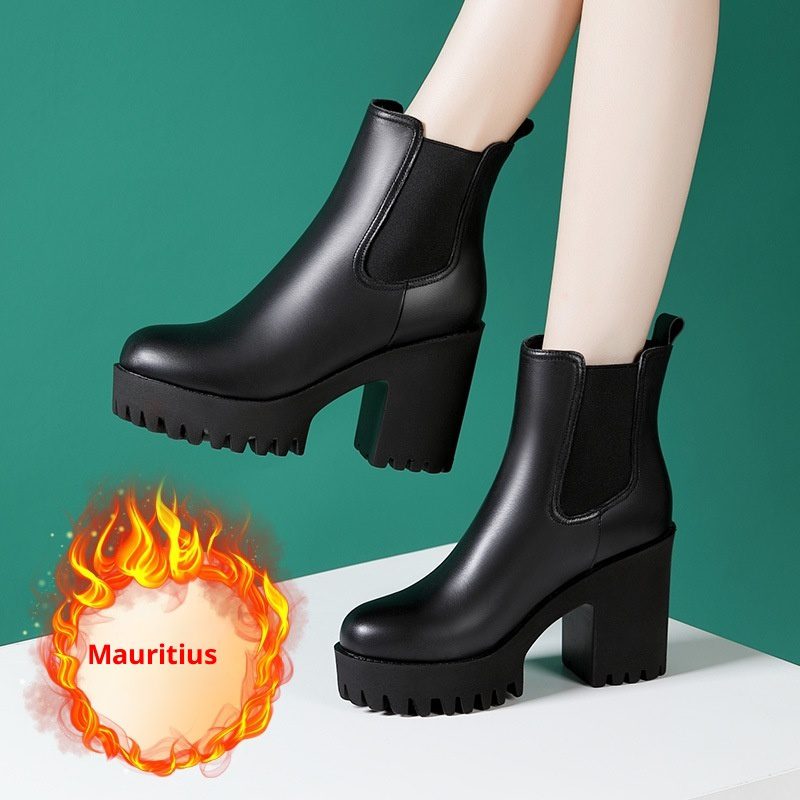 Women's Solid Color Genuine Leather High-heel Thick-heel Platform Mid-calf Boots - Image 5
