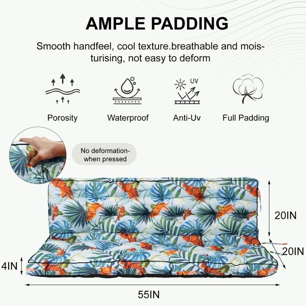 Outdoor Swing Cushions 55Inch,Waterproof 4in Thick Porch Swing Cushion Replacement With Backrest And Ties,Comfortable2-3Seat Pation Swing Pad For Backyard,Garden,Lawn,Outdoor Furniture Qingxin Summer - Image 5