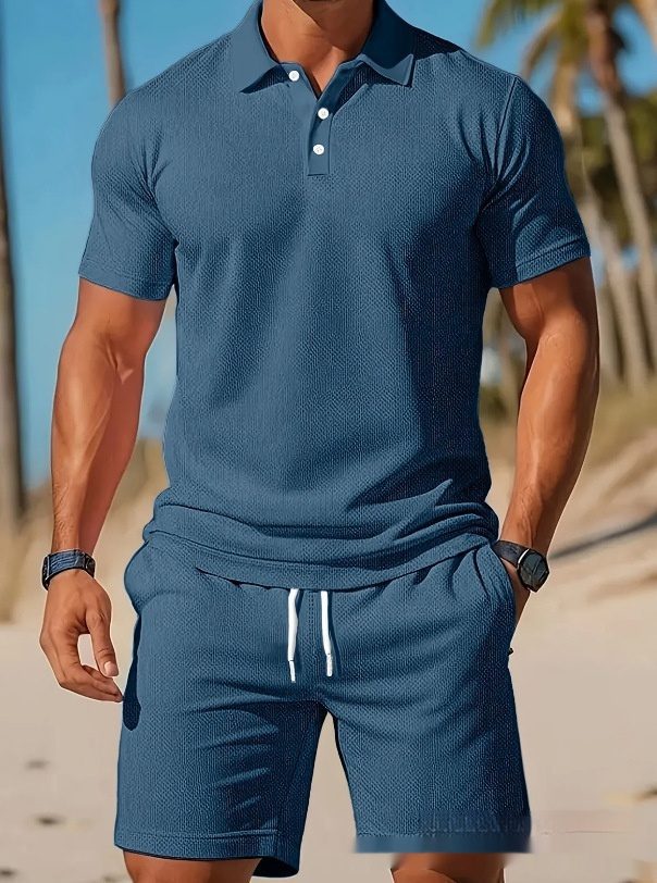 Men's Casual Beach Mesh Lapel Set Summer Comfortable Breathable Loose Solid-Color Sports Short-Sleeved Shirt And Shorts Set - Image 3