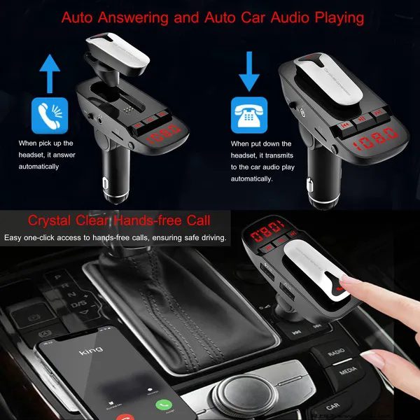 Car FM Transmitter W/ Wireless Earpiece 2 USB Charge Ports Hands-free Call MP3 Player - Image 4