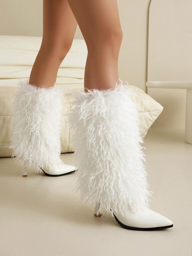 Womens Fashionable High-heeled Fuzzy Booties - Image 7