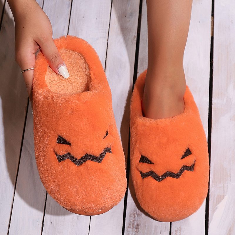 Cute Halloween Pumpkin Slippers Winter Warm Plush Bedroom Floor Home Slippers Casual Slip On Comfortable Cozy Indoor House Shoes - Image 3