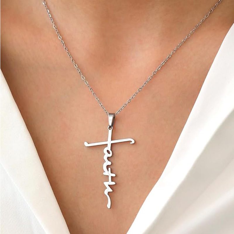 4PCS Faith Necklace For Women Christian Cross Faith Word Church Prayer Religious Pendant Necklace Christian Religious Jewelry Gift,2 Gold 2 Silver - Image 3