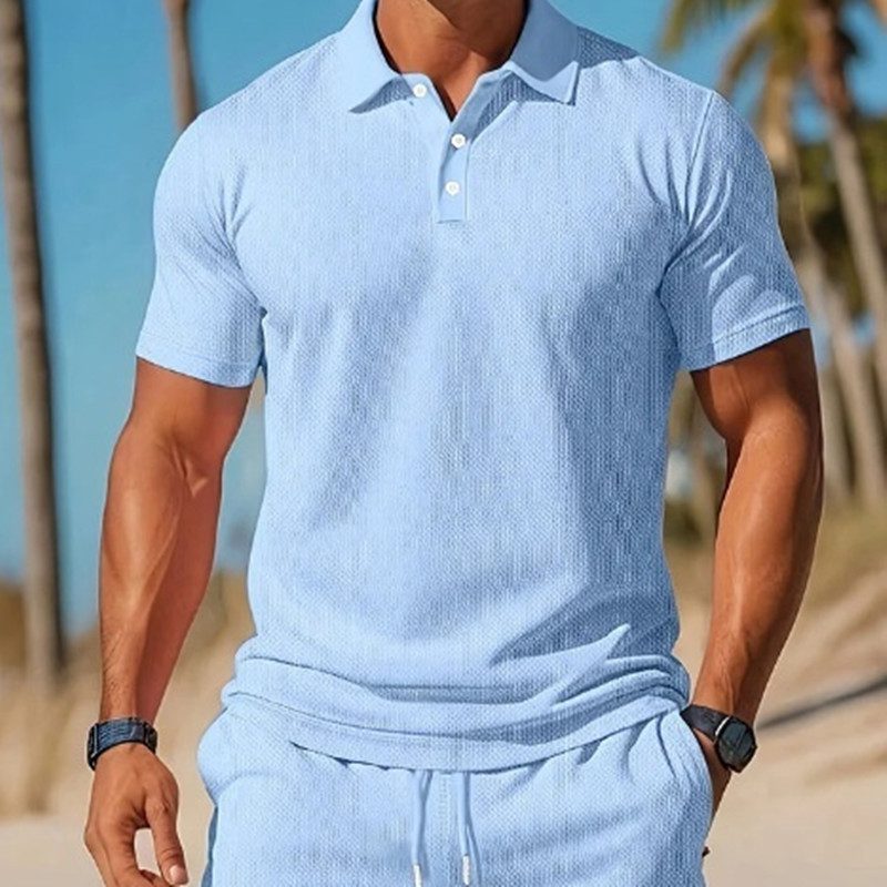 Men's Casual Beach Mesh Lapel Set Summer Comfortable Breathable Loose Solid-Color Sports Short-Sleeved Shirt And Shorts Set - Image 2