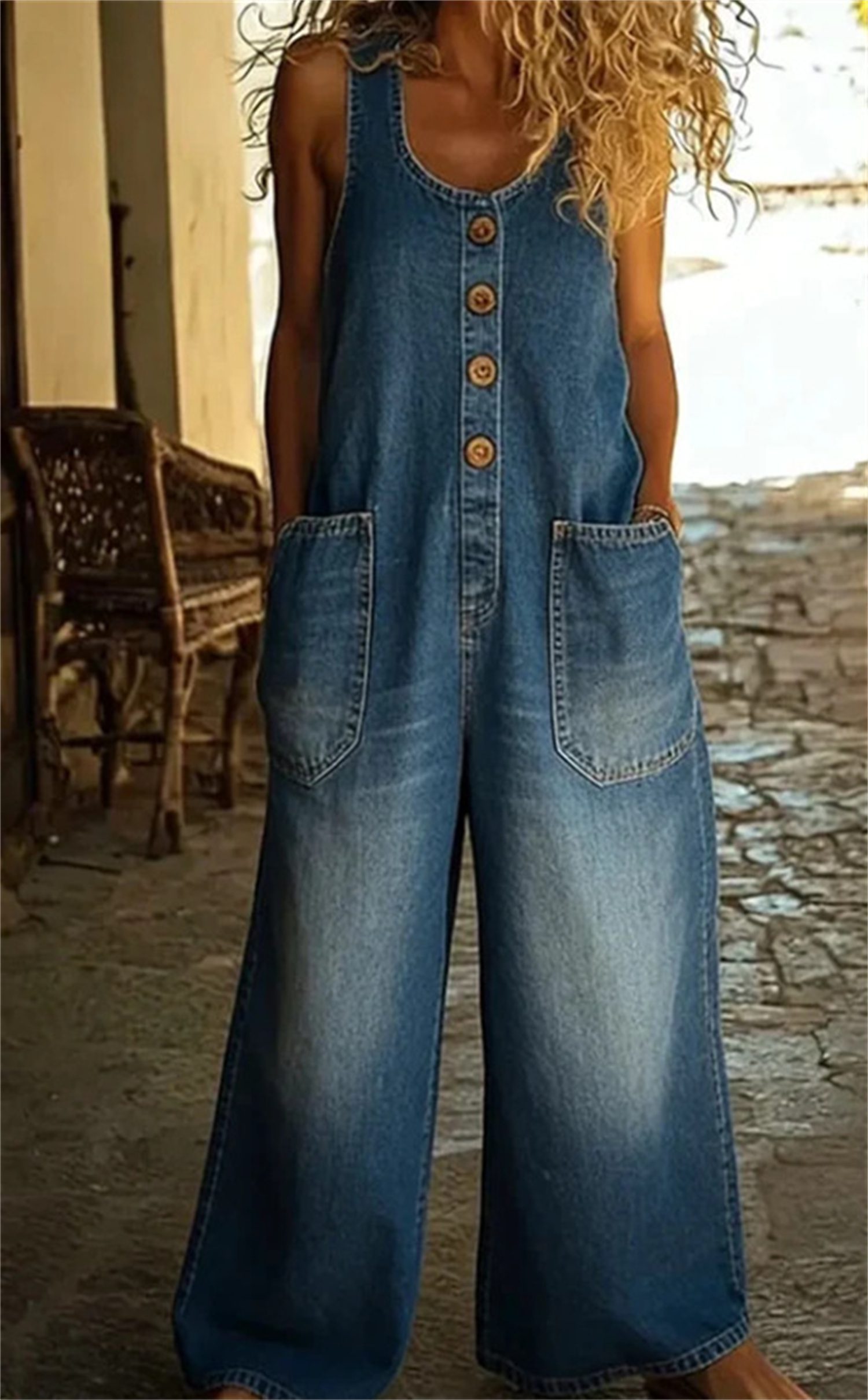Womens Sleeveless Pocket Denim Jumpsuit - Image 6