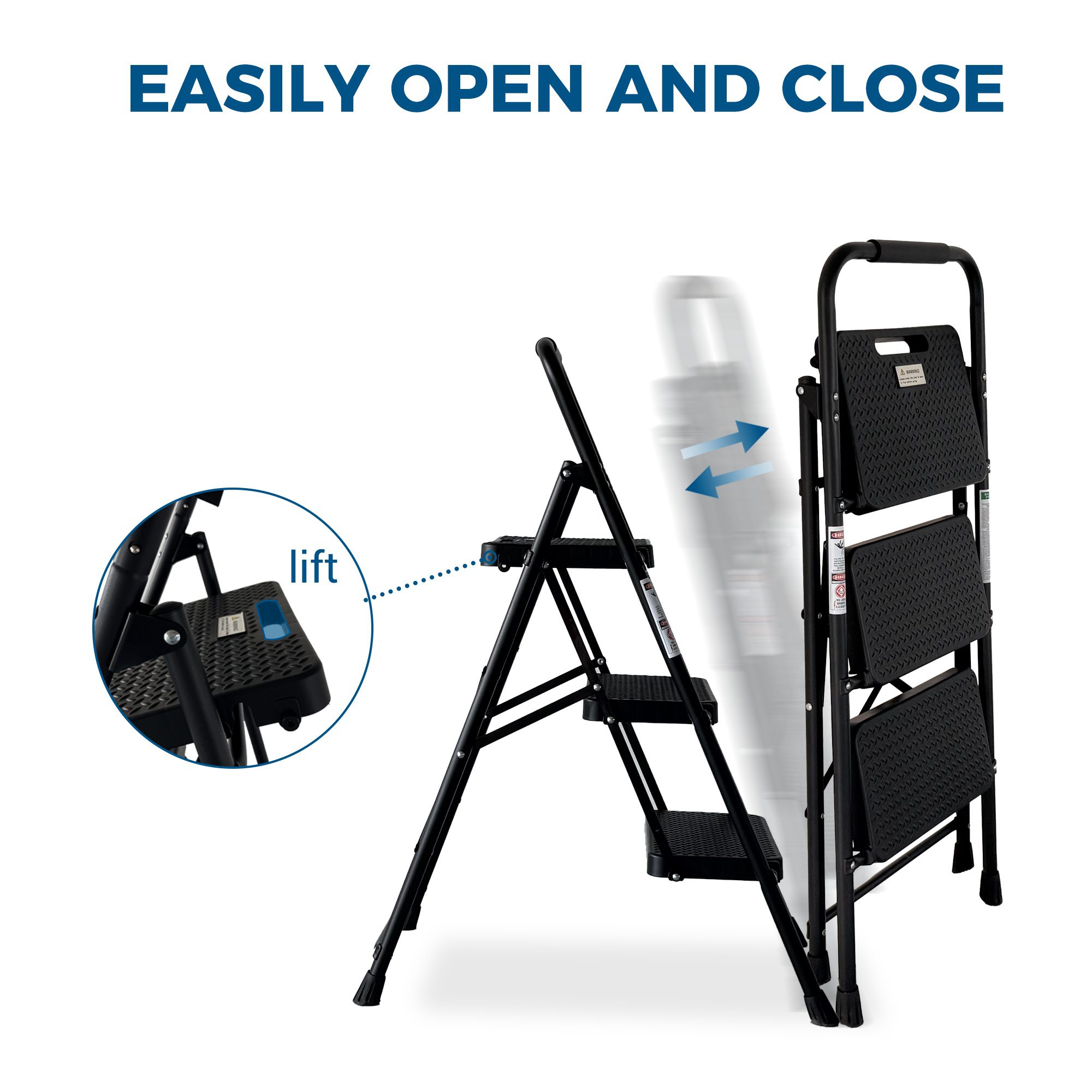 3 Step Ladder, Folding Step Stool with Wide Anti-Slip Pedal, Sturdy Steel Ladder, Lightweight, Portable Steel Step Stool - Image 4