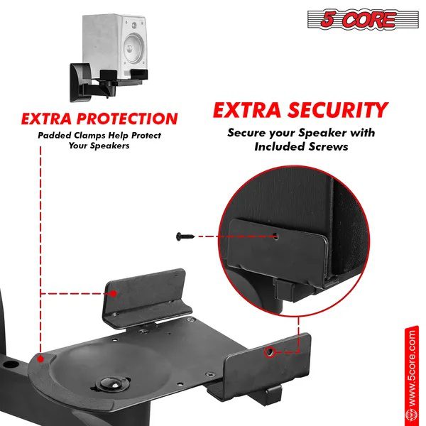 5 CORE Speaker Wall Mount Adjustable Shelf Holder Swivel 180 Degree Bookshelf Brackets - 15 Inch Space For Speakers Pair Holds Upto 55lbs - WST 04-15 Pair - Image 2