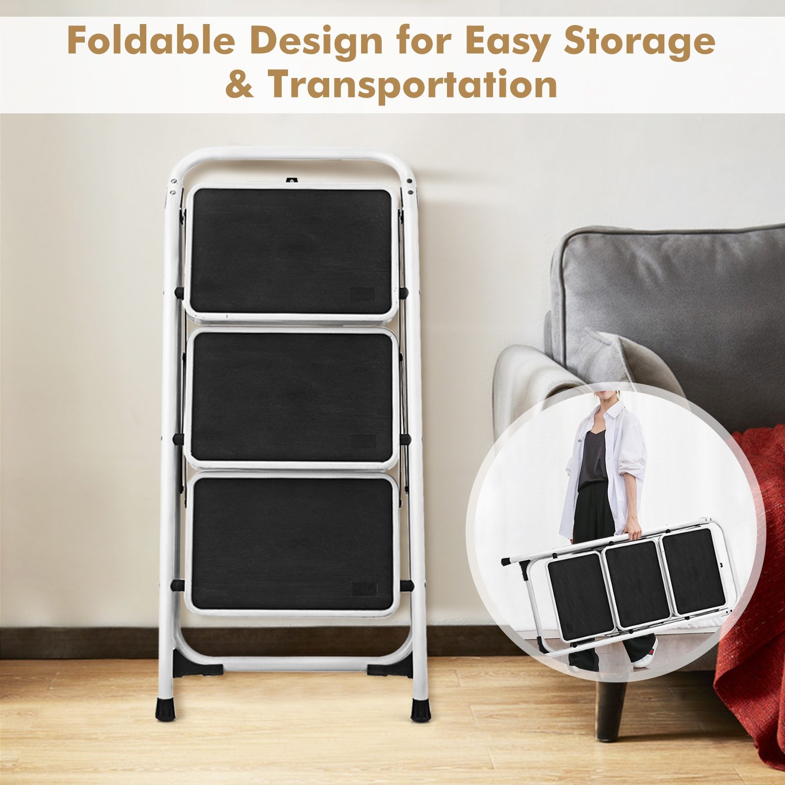 Folding 3-Step Ladder With Handgrip And Anti-Slip Platform - Image 4