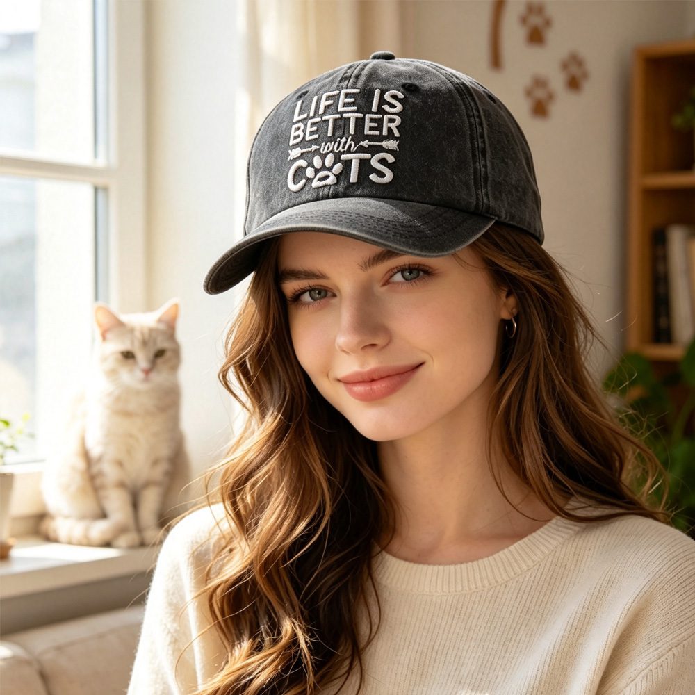 2pcs Washed Distressed Baseball Cap, Life Is Better With Cats Embroidery Vintage Cotton Hat, Cute Cat Paw Print Casual Hat For Cat Lovers - Image 8