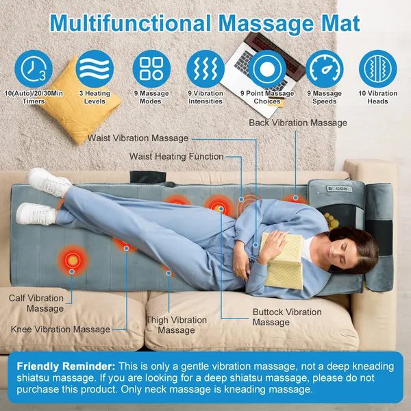 Vibration Massage Mat Full Body & Neck Kneading Massager - 20 Nodes, 3 Massage Modes&Speeds, 9 Vibration Settings, 3-Level Lumbar Heat, Inflatable Waist Pillow - Perfect Gift For Family - Image 3