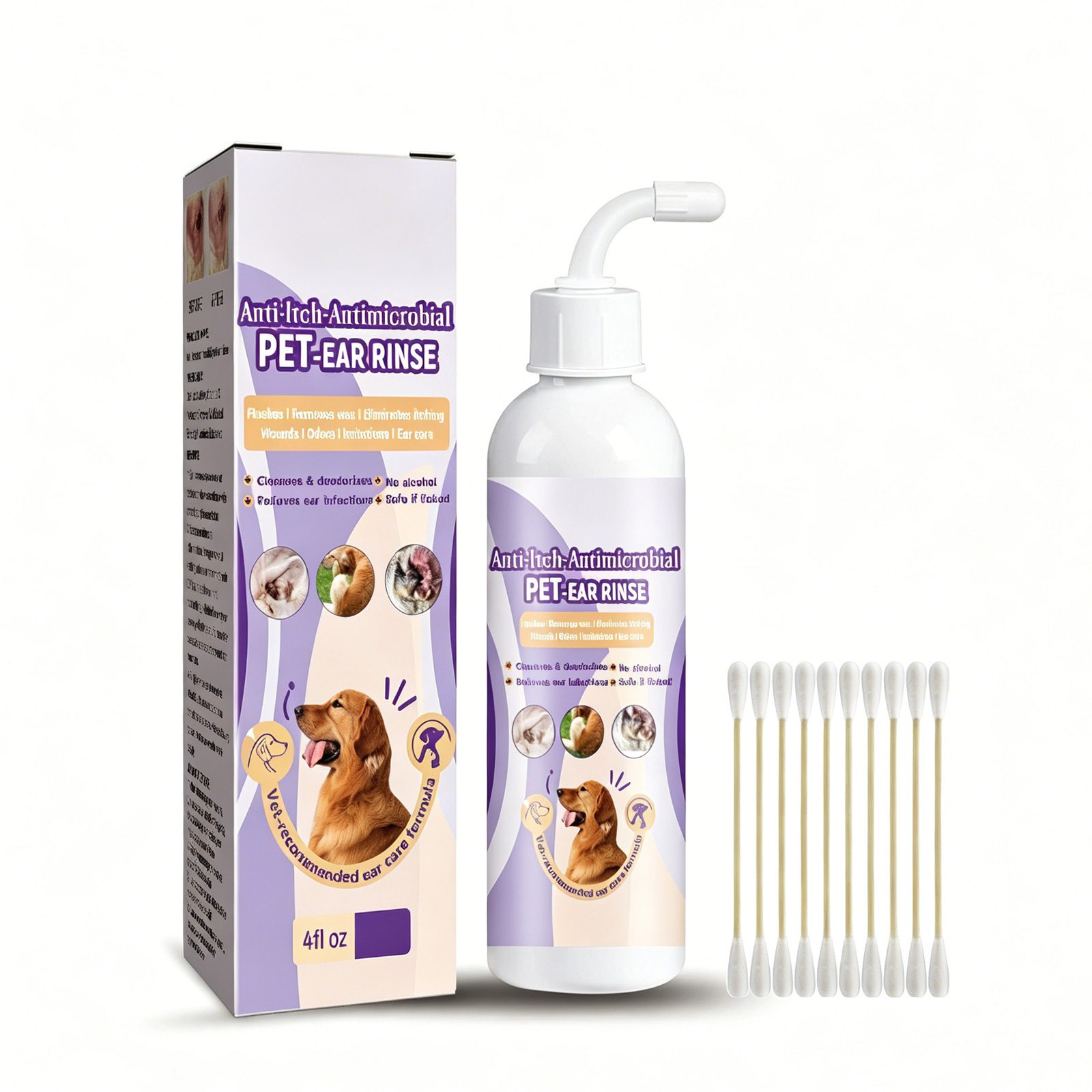 118ml Pet Ear Rinse Cleaner With Glycerin & Disodium EDTA, Anti-Itch Antimicrobial Ear Wash For Dogs Cats, Alcohol-Free Gentle Ear Cleanser With Cotton Swabs