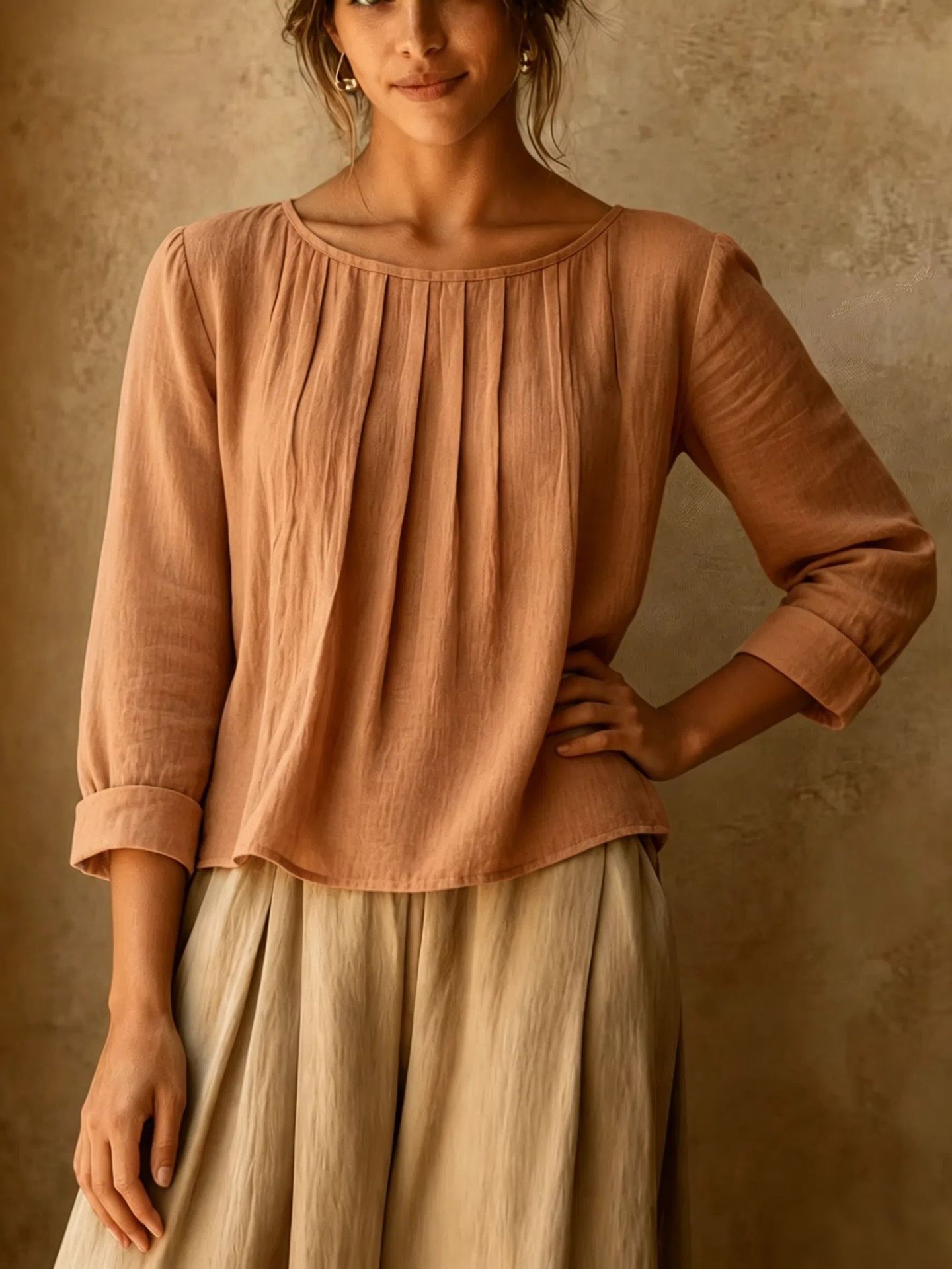 Womens Cotton-linen Top Loose-fit Round-neck Shirt - Image 8