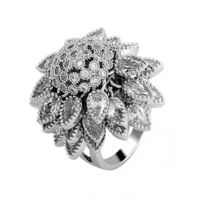 Flower Adjustable Open Silvery Ring For Women, Trendy Elegant Unique Cubic Zirconia Enamel Front Open Floral Leaf Easter Jewelry Gift-flower