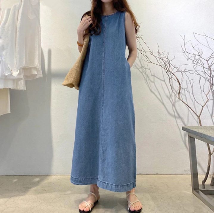 Womens Solid-Color Fashionable Round-Neck Loose-Fit Pocketed Dress - Image 5