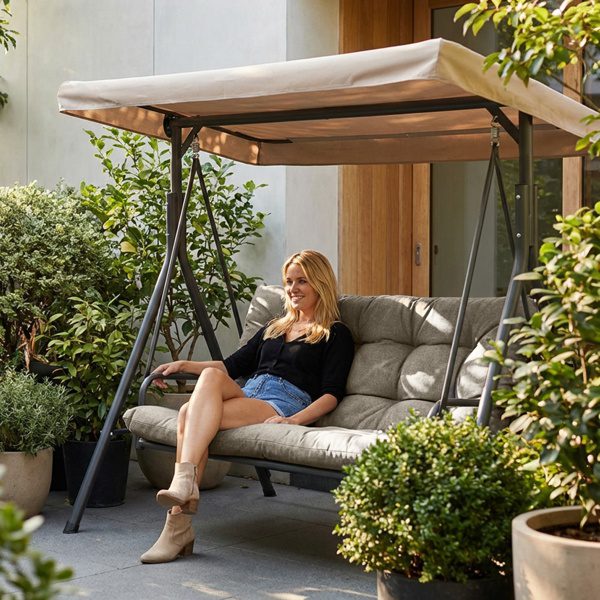 Outdoor Swing Cushions 70 Inch, Waterproof 4in Thick Porch Swing Cushion Replacement With Backrest And Ties, Comfortable 2-3 Seat Pation Swing Pad For Backyard, Garden, Lawn, Outdoor Furniture-khaki - Image 3