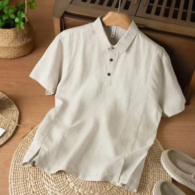 Mens Linen Short-sleeve Shirt Breathable With A Turn-down Collar And A Relaxed Fit
