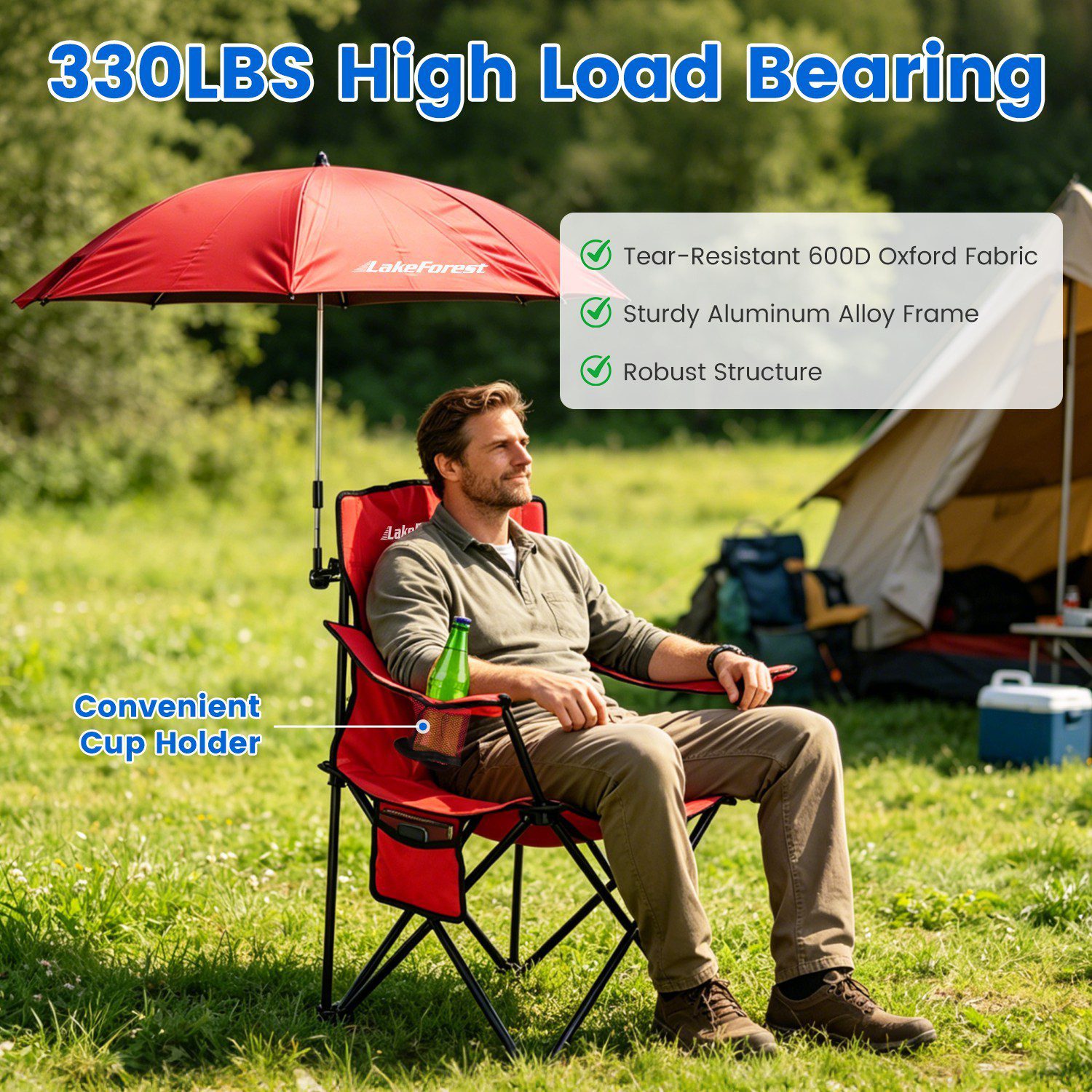 1Pc Camping Chair With Umbrella Lightweight Foldable Outdoor Chair With Cup Holder Detachable Sun Canopy Carrying Bag 330LBS Max Load For Beach Picnic Travel Concert Outdoor Activities - Image 9