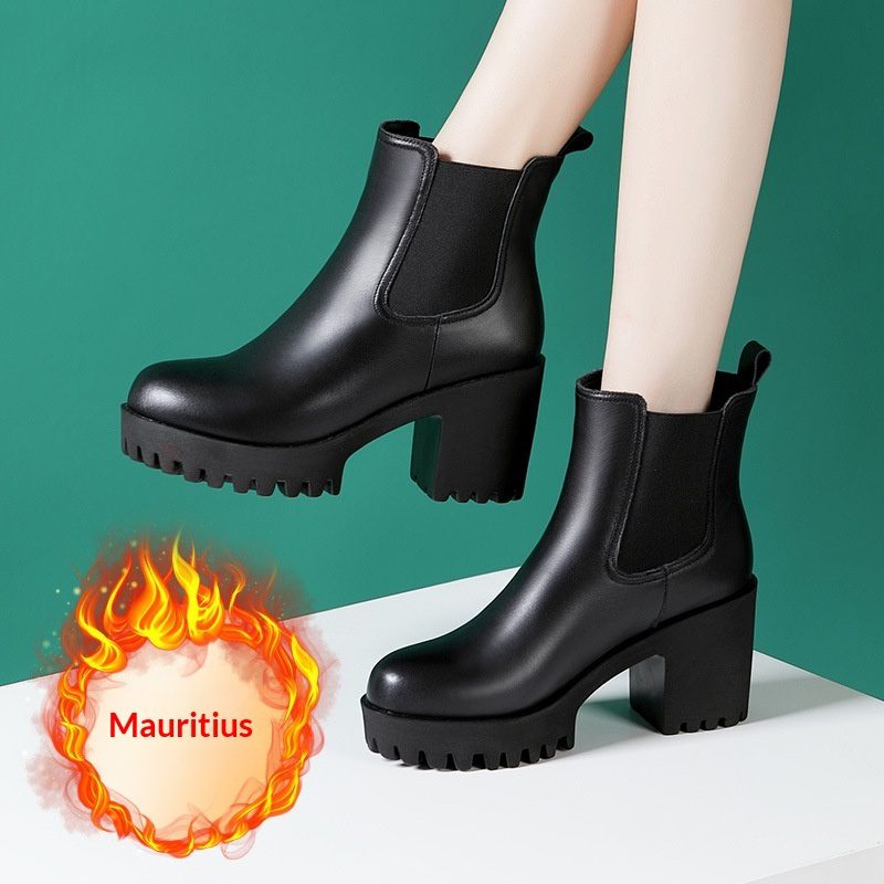 Women's Solid Color Genuine Leather High-heel Thick-heel Platform Mid-calf Boots - Image 3