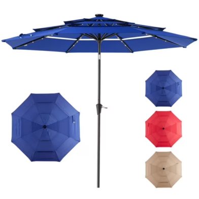 10 FT 3-Layer Solar Patio Umbrella, 32 LED Lights Market Umbrella With Adjustable Tilt, 8-Rib Outdoor Sunshade For Backyard, Deck And Poolside,Navy Blue (Shipment From Walmart)