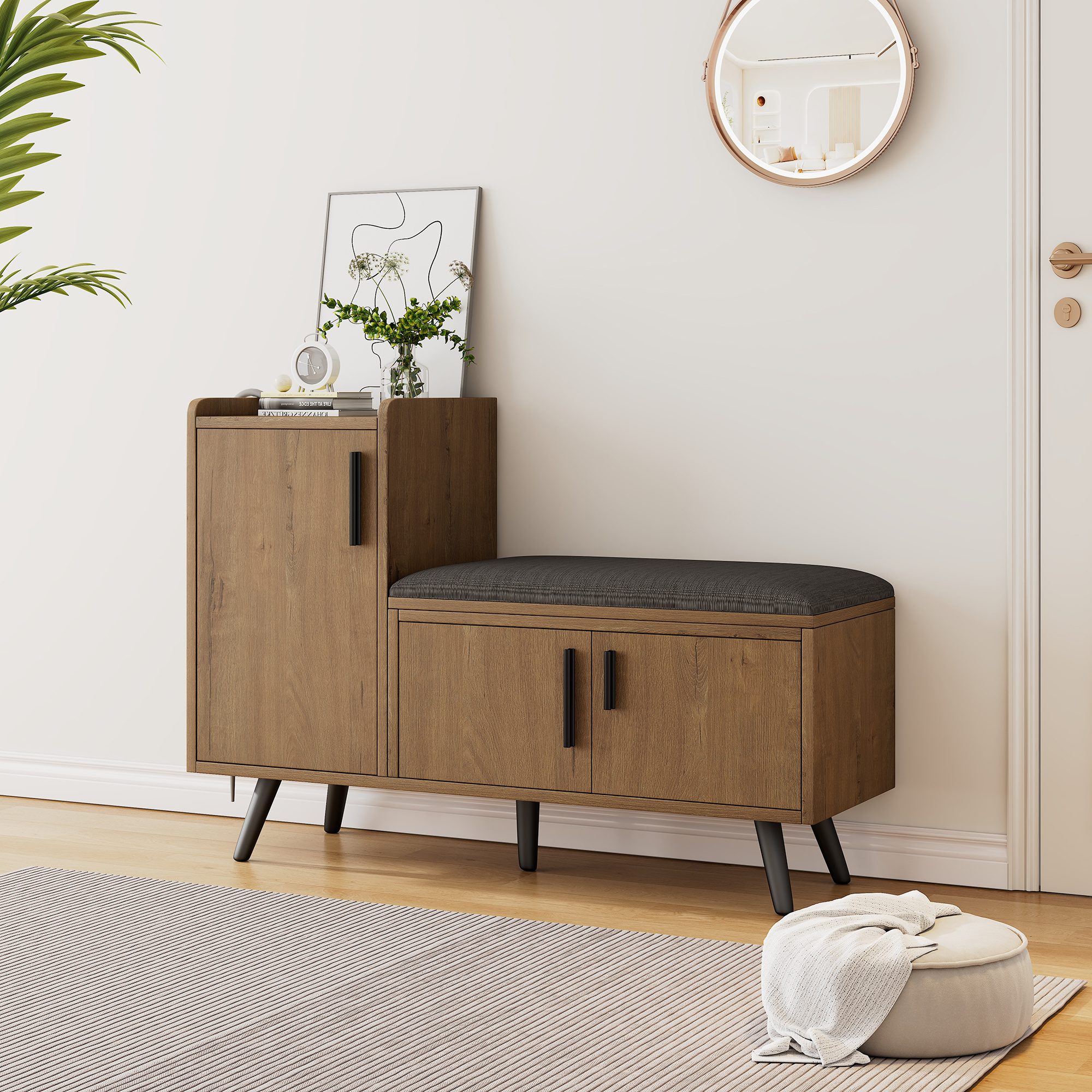 Modern Shoe Bench Storage Cabinet, Adjustable Storage Space For Boots Or Heels, Asymmetrical Metal Handles, Natural, 100 X 34 X 69 Cm - Image 4