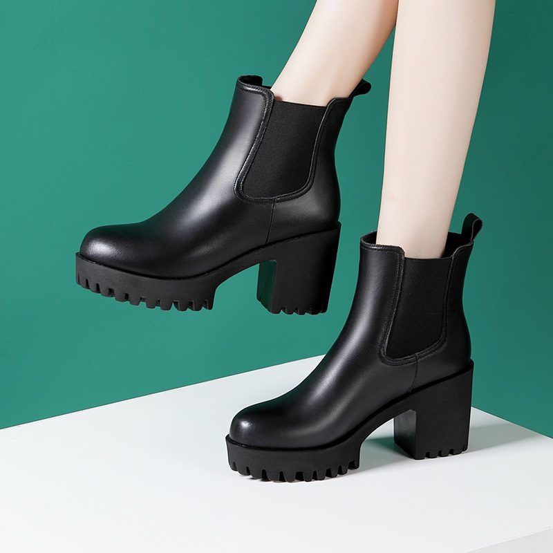 Women's Solid Color Genuine Leather High-heel Thick-heel Platform Mid-calf Boots - Image 4