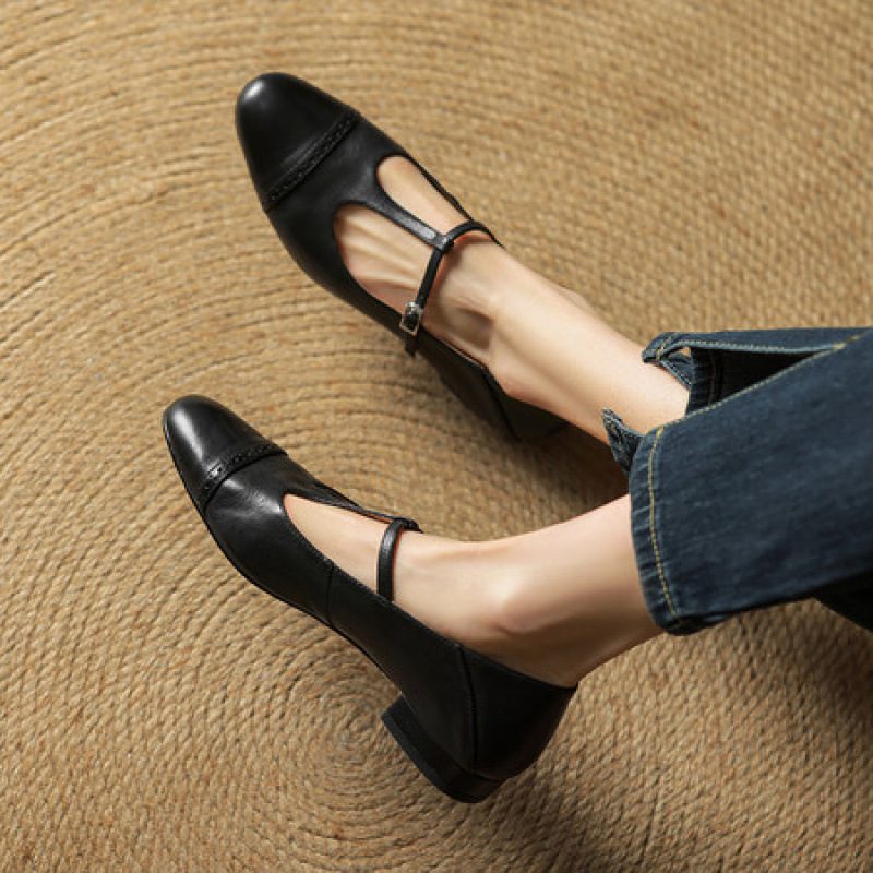 Women's T-shaped Buckle Old First Layer Cowhide Round Toe Flats - Image 3