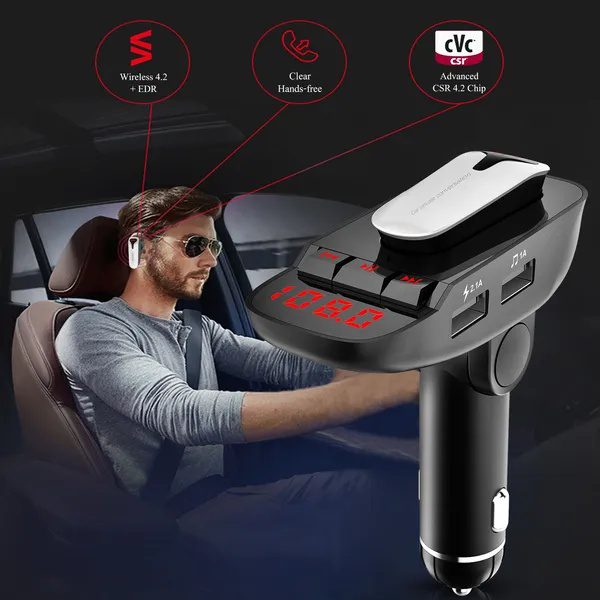 Car FM Transmitter W/ Wireless Earpiece 2 USB Charge Ports Hands-free Call MP3 Player - Image 2