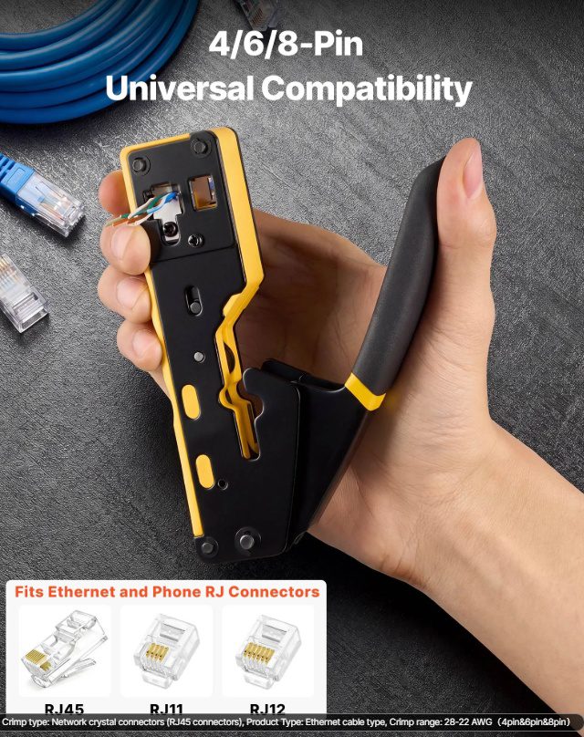 VEVOR Crimping Tool, RJ45-RJ11-RJ12 Ethernet Crimper, Crimp Tool Kit For 4-6-8-Pin Modular Plugs, With Mini Wire Stripper, 50 Connectors And 50 Boots, Replacement Blades, And Network Cable Tester - Image 9