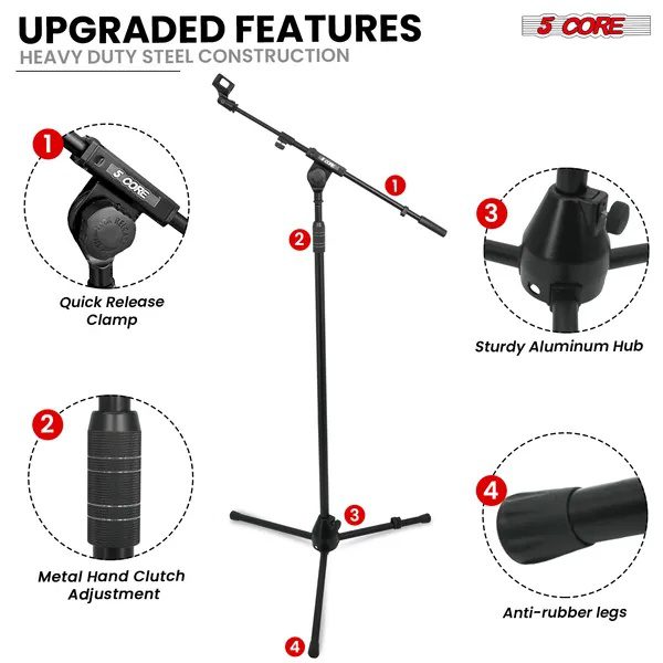 5 Core Mic Stand Adjustable Microphone Stands Floor W 180° Rotating Telescoping Metal Boom Arm - Image 5