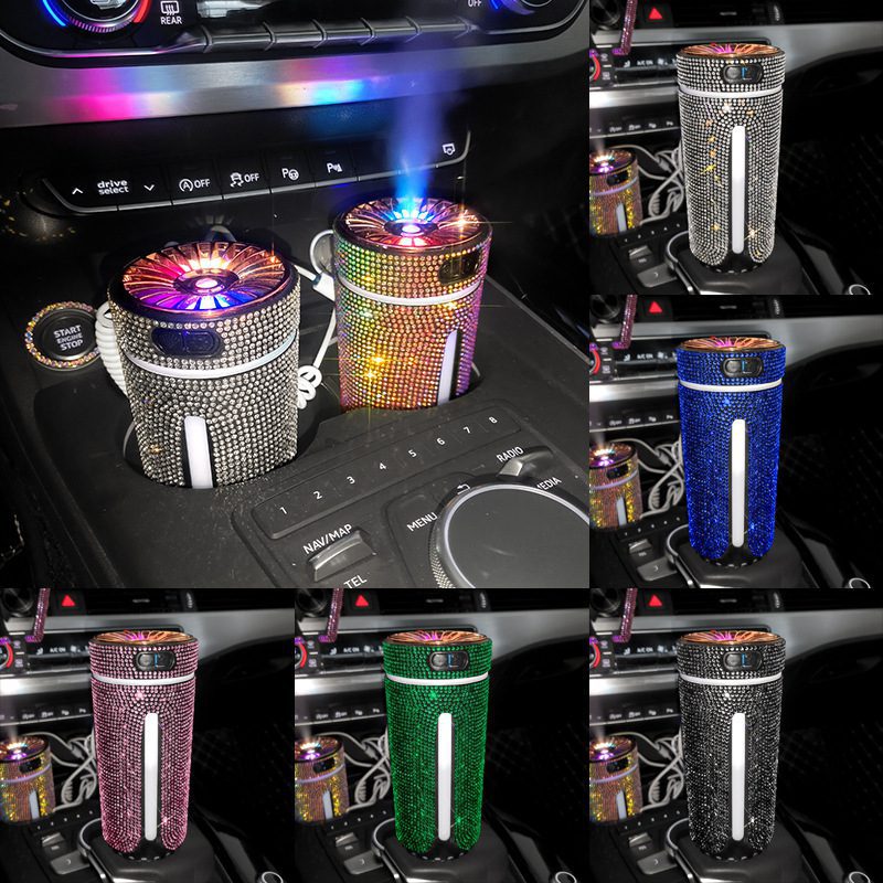 معطر هواء ومرطب سيارة فاخر بتصميم الألماس مع إضاءة LED، موزع عطور لتنقية وتعطير هواء السيارة وإكسسوارات سيارات للنساء