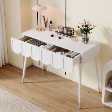 Vanity Table  Dressing Table With 2 Drawers, Metal Legs, White, Dimensions  W100 X D40 X H76 Cm