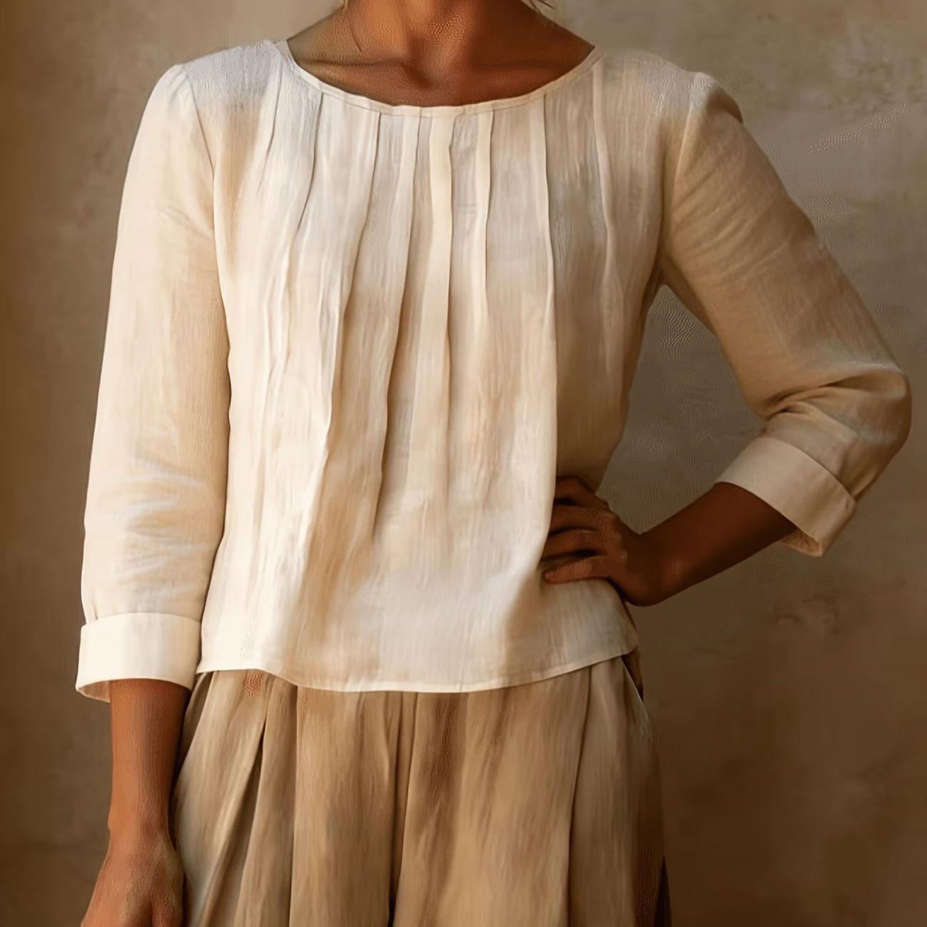 Womens Cotton-linen Top Loose-fit Round-neck Shirt - Image 2