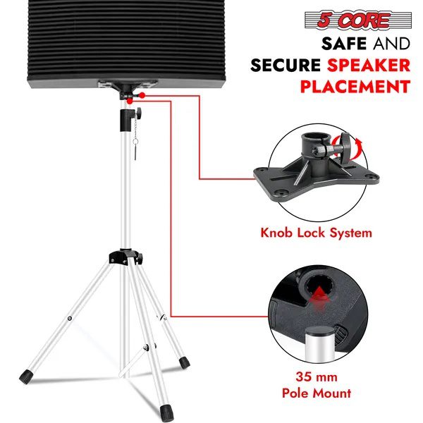 5 Core Speaker Stand Tripod Floor Heavy Duty Adjustable Up To 72 Inch DJ Studio Monitor Stands Pole Mount - SS HD WH BAG - Image 4