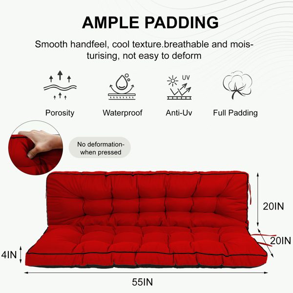 Outdoor Swing Cushions 55 Inch,Waterproof 4in Thick Porch Swing Cushion Replacement With Backrest And Ties,Comfortable 2-3 Seat Pation Swing Pad For Backyard,Garden,Lawn,Outdoor Furniture Red - Image 4