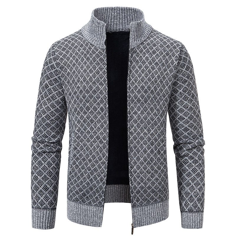 Thickened Plaid Print Jacket Cardigan Fashion Slim Fit Zipper Stand Collar Sweater Winter Men's Casual Long Sleeve Knitted Top Clothing - Image 4