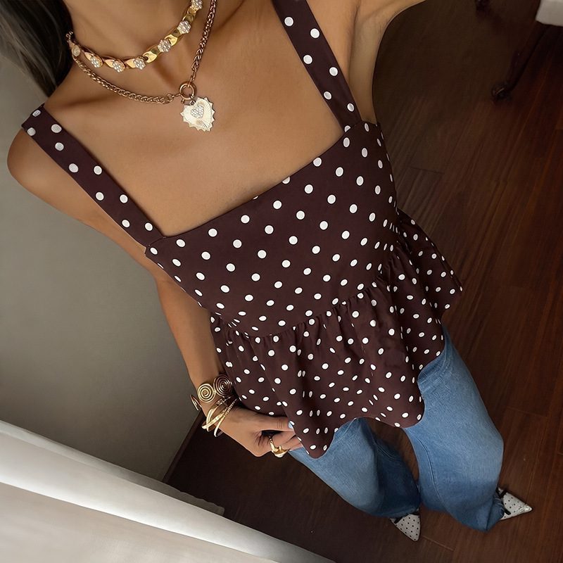 French-style Vintage Wave-patterned Square-neck Ruffled-strap Womens Camisole - Image 4