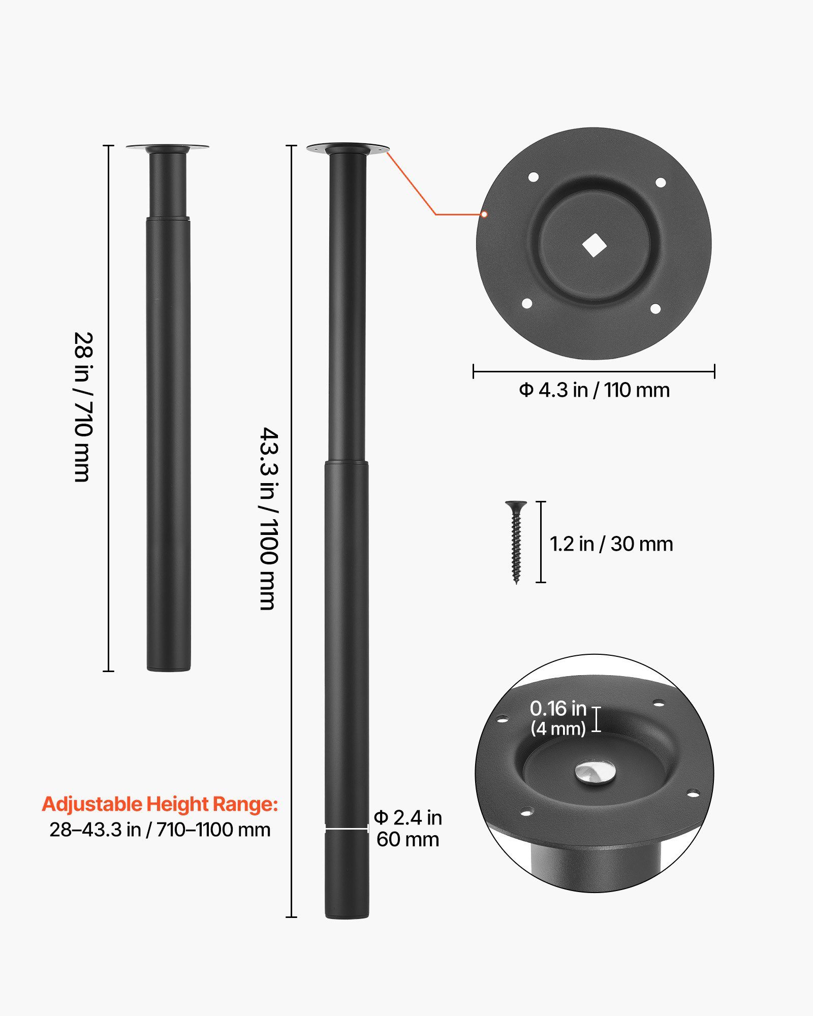Adjustable Table Legs, 28-43.3 In Steel Furniture Legs, 1200 Lbs Max Load Heavy Duty, Quick Installation, Ideal For Home Office Desk DIY, Coffee Dinner Bar Tables, Workbenches, Set Of 4, Black - Image 5