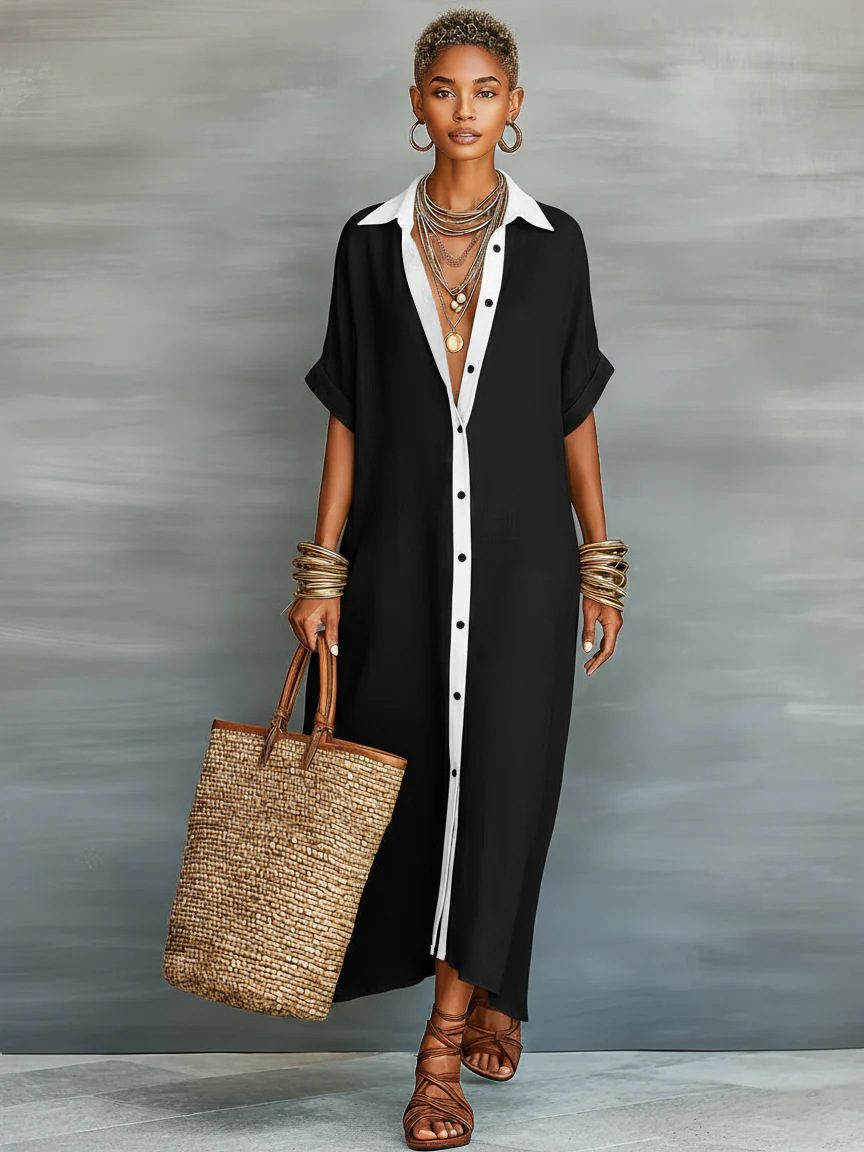 Color-blocked Loose And Linen Long Dress Fashionable And Casual Dress - Image 6
