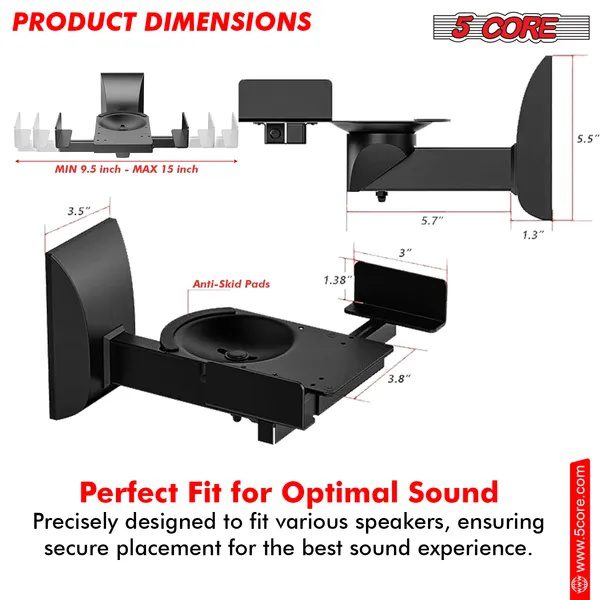 5 CORE Speaker Wall Mount Adjustable Shelf Holder Swivel 180 Degree Bookshelf Brackets - 15 Inch Space For Speakers Pair Holds Upto 55lbs - WST 04-15 Pair - Image 4