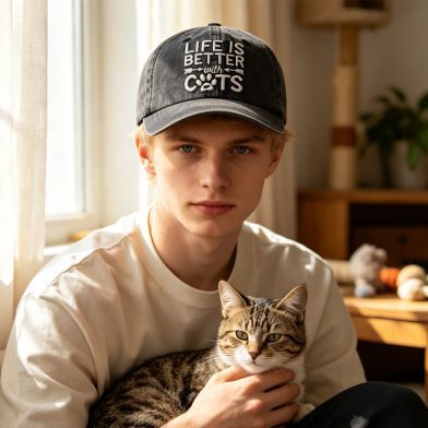 2pcs Washed Distressed Baseball Cap, Life Is Better With Cats Embroidery Vintage Cotton Hat, Cute Cat Paw Print Casual Hat For Cat Lovers