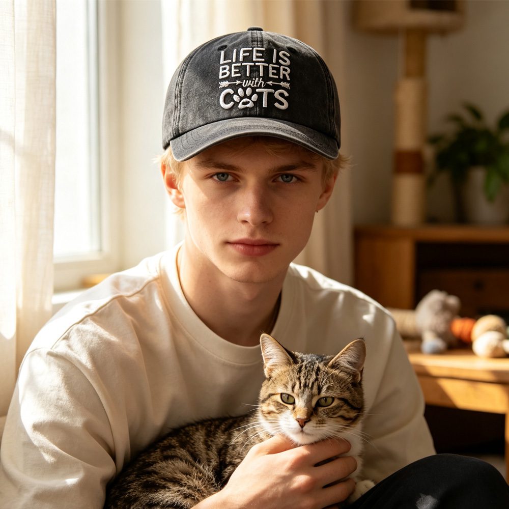2pcs Washed Distressed Baseball Cap, Life Is Better With Cats Embroidery Vintage Cotton Hat, Cute Cat Paw Print Casual Hat For Cat Lovers