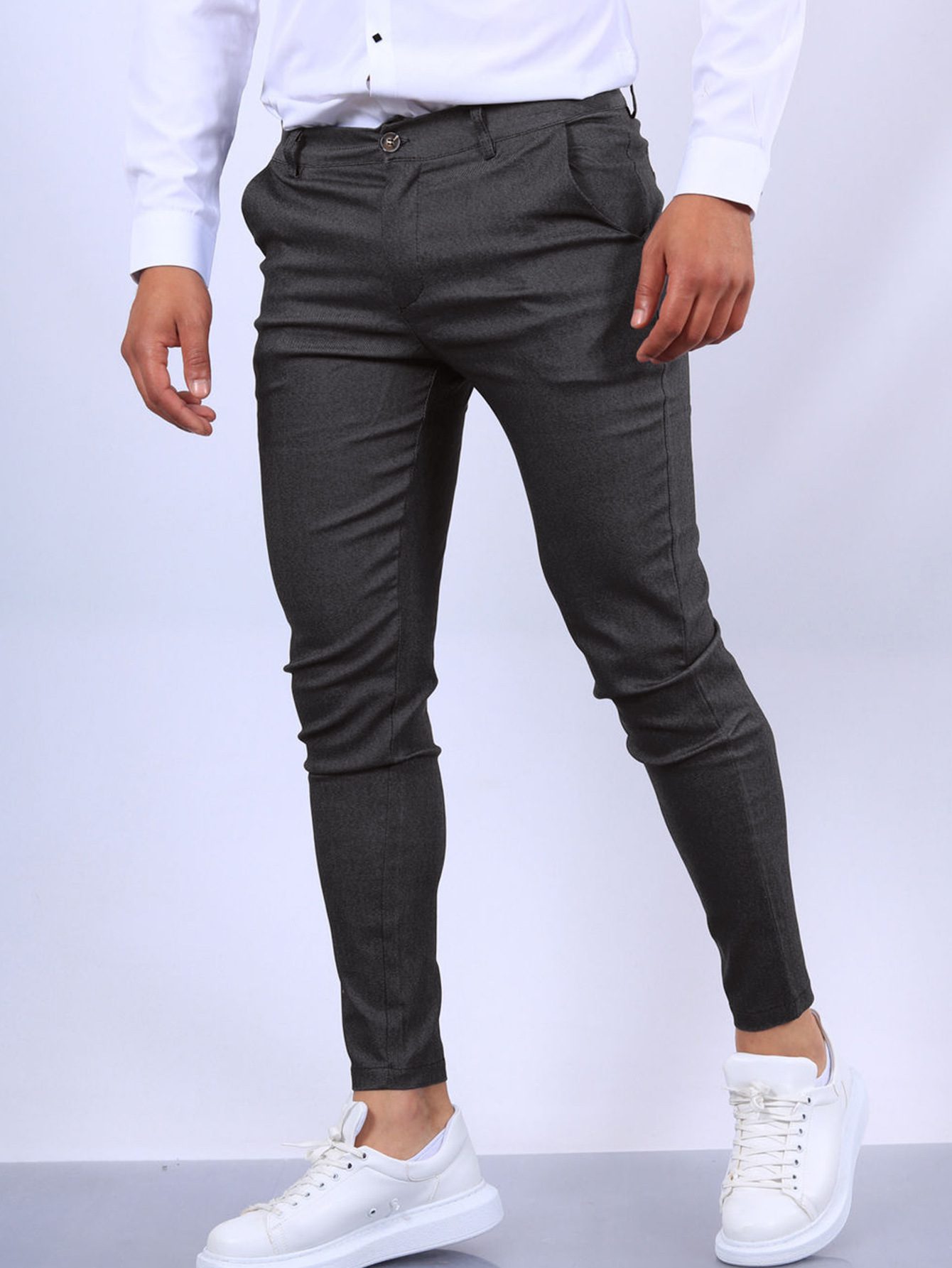 Men's Slim Button Trousers Fashion Solid Office Versatile Long Pencil Pants - Image 3